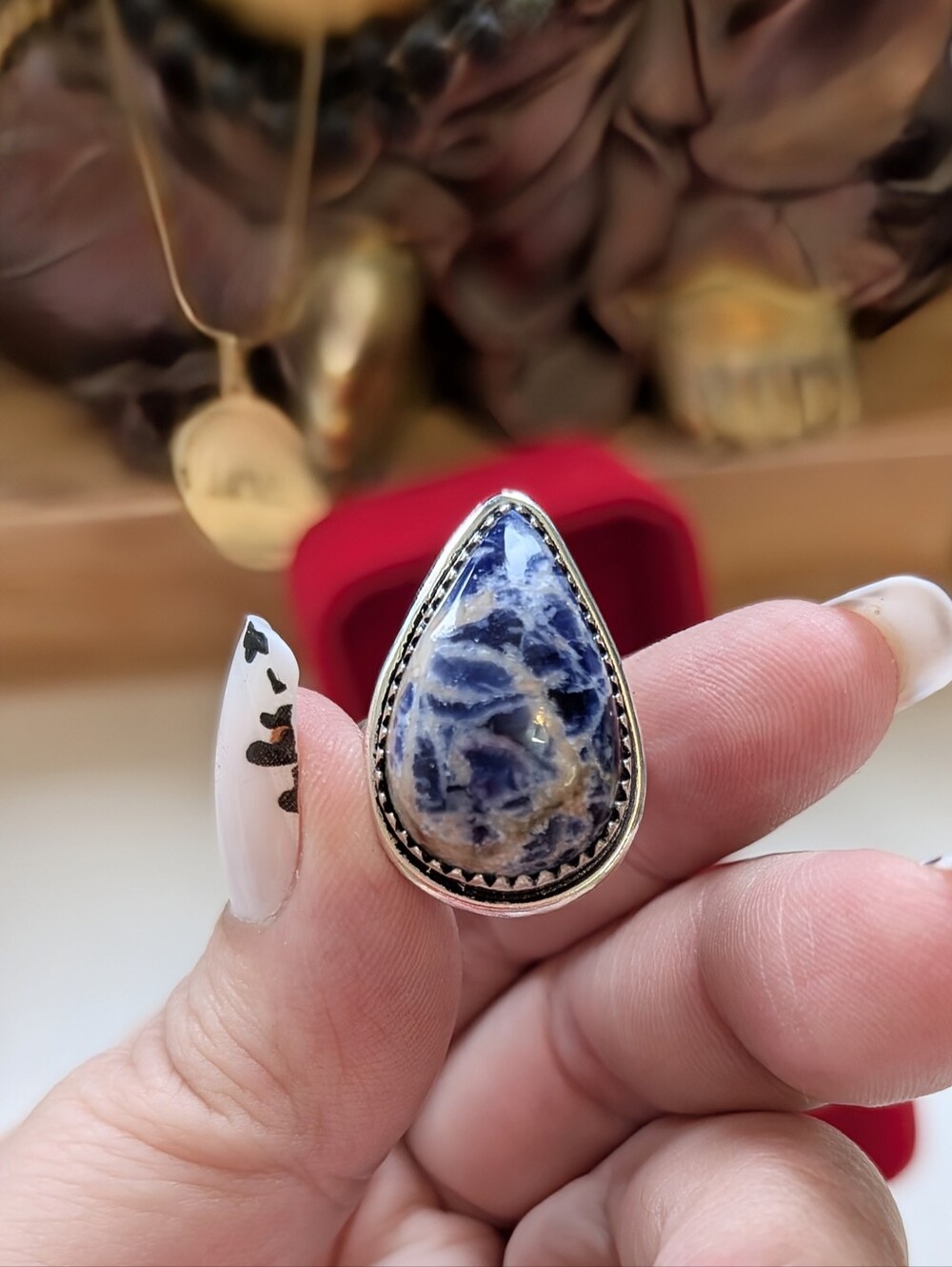 Vintage Handmade Genuine Sodalite Teardrop Gemstone In Sterling Silver Size 8.75
